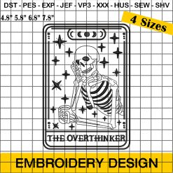 The Overthinker Tarot Card Embroidery Design, Skeleton Tarot Embroidery Design, Halloween Embroidery Design