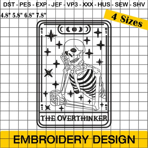 The Overthinker Tarot Card Embroidery Design, Skeleton Tarot Embroidery Design, Halloween Embroidery Design