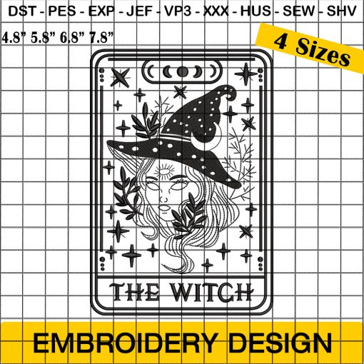 The Witch Tarot Card Embroidery Design, Witch And Cat tarot Embroidery Design