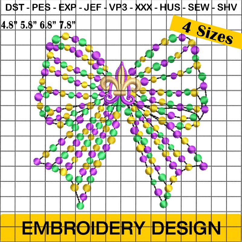 Mardi Gras Coquette Bead Bow Bean Embroidery Design, Mardi Gras Bow Embroidery Design, Mardi Gras Bead Bow Embroidery Design
