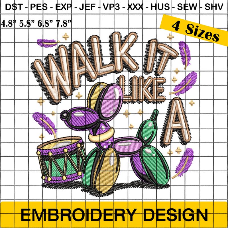 Walk it Like a Dog Mardi Gras Embroidery, Glitter Mardi Gras Embroidery Design