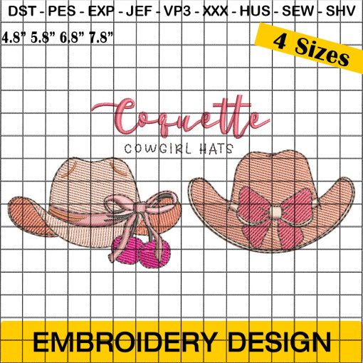 Coquette Hat Embroidery Design, Coquette Cowgirl Hats Embroidery Design