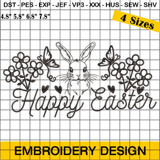 Happy Easter Bunny Embroidery Designs, Easter Flower Embroidery Design, Easter Embroidery Pattern