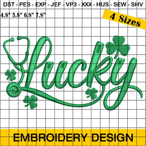 St. Patrick's Day Lucky Green Clover Embroidery, Lucky Green Clover Embroidery Design