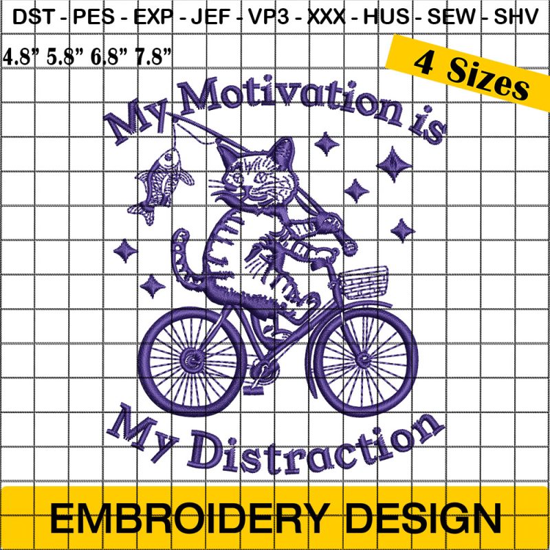 My Motivation is My Distraction Embroidery Design, Vintage Cat Bicycle Silhouette Retro Kitty Embroidery Design