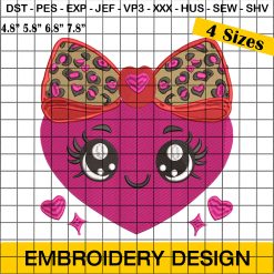 Cute heart Character Embroidery, Heart Coquette Bow Valentines Day Embroidery Design