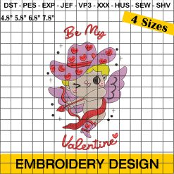 Cute Retro Groovy Cowboy Cupid Western Valentine Embroidery Design, Cute Cowboy Cupid Be My Valentine Embroidery Design