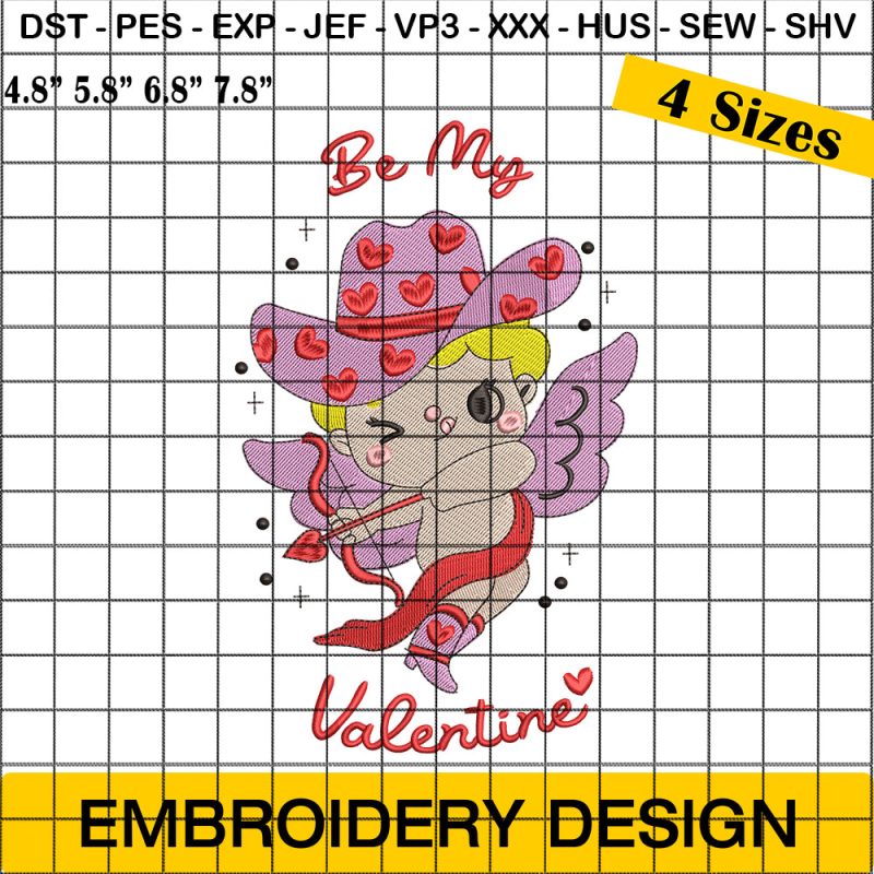 Cute Retro Groovy Cowboy Cupid Western Valentine Embroidery Design, Cute Cowboy Cupid Be My Valentine Embroidery Design