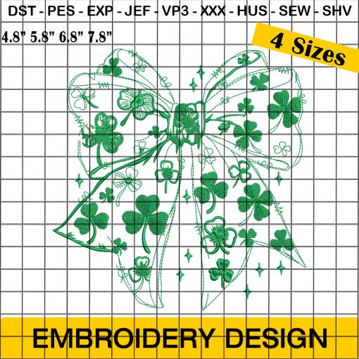 Shamrock Coquette Bow Embroidery Design, St Patrick's Day Machine Embroidery Design, Patricks Clover Design