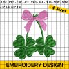 Coquette St. Patrick's Day Embroidery, Clover With Pink Bow Embroidery Design