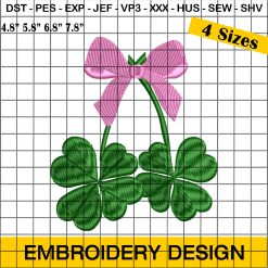 Coquette St. Patricks Day Embroidery, Clover With Pink Bow Embroidery Design