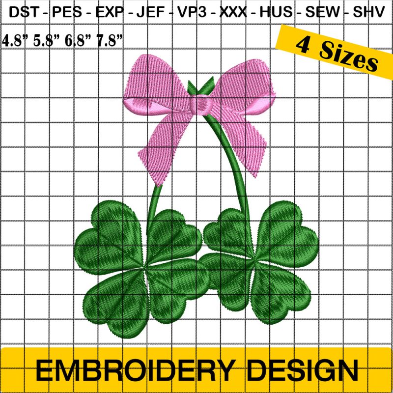 Coquette St Patricks Day Embroidery, Clover With Pink Bow Embroidery Design