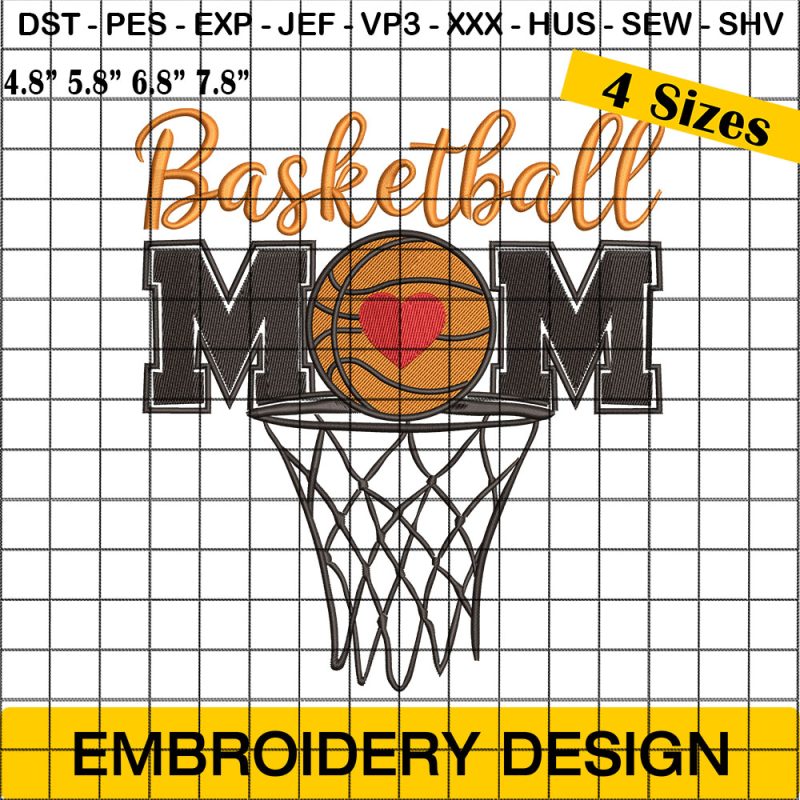 Basketball Mom Mother Leopard Embroidery Design, Basketball Hoop Net Game Day Embroidery Design