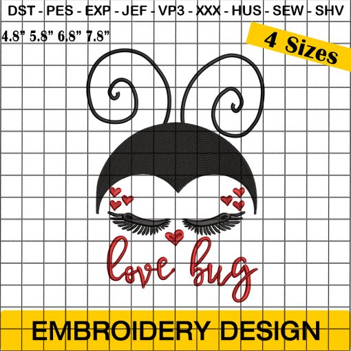 Love Bug Embroidery Design, Ladybird Embroidery Design, Ladybird Valentines Day Embroidery Design