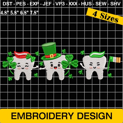 Cute Tooth Embroidery Designs, Lucky Clover Machine Embroidery, St Patrick Embroidery Design