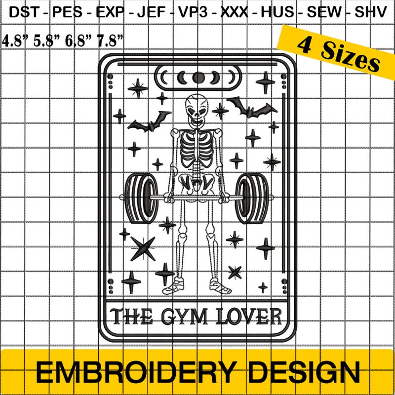 The Deadlift Tarot Card Embroidery Design, The Gym Lover Embroidery Design, Funny Workout Weightlifter Skeleton Embroidery Design