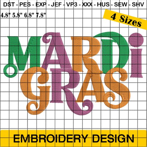 Mardi Gras Embroidery Design, Mardi Gras Words Embroidery Design