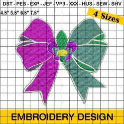 Fleur De Lis Bow Embroidery Design, Mardi Gras Coquette Bow Embroidery Design