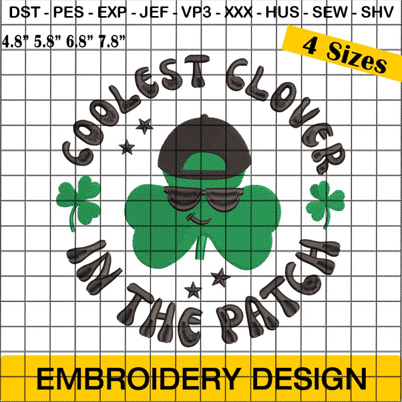 Coolest Clover Embroidery Designs, Retro Clover Embroidery Design, St Patrick Embroidery Design