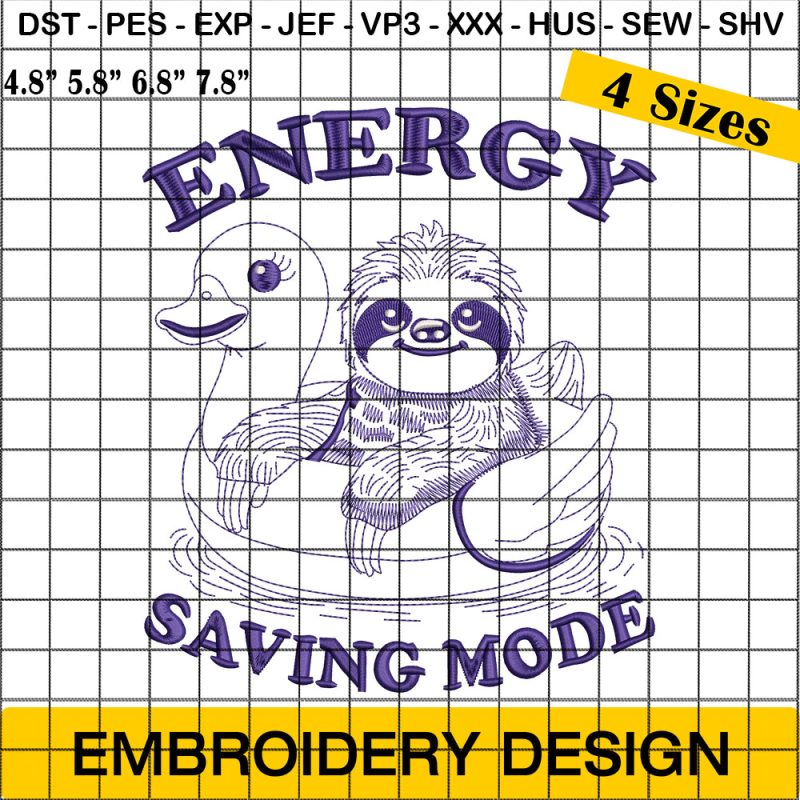 Energy Saving Mode Embroidery Designs, Summer Sloth Embroidery Design, Animal Embroidery Design