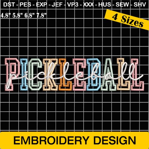 Pickleball Alphabet Embroidery, Pickleball Neon Alphabet Embroidery Design