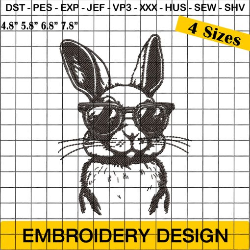 Bunny Face With Sunglasses Embroidery, Easter Day Embroidery Design