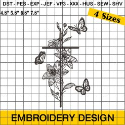 Holy Cross with Floral Embroidery, Cross Butterfly Christian Religious Jesus Embroidery Design