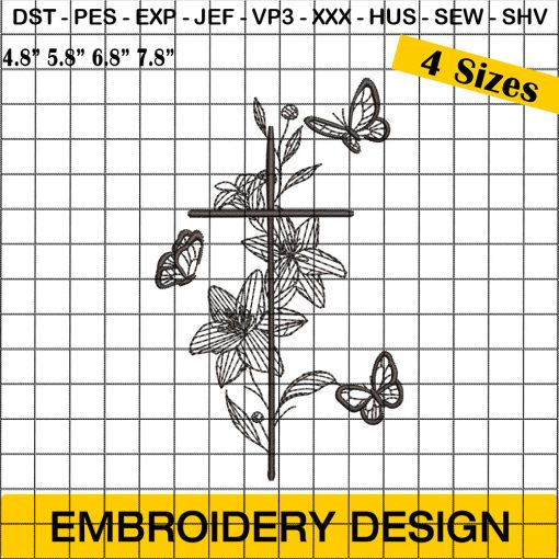 Holy Cross with Floral Embroidery, Cross Butterfly Christian Religious Jesus Embroidery Design