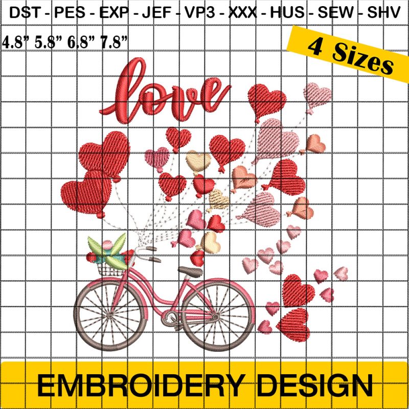 Valentines Day Tree Cycle Embroidery Designs, Beautiful Cycle Valentines day Embroidery Design