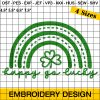 Happy Go Lucky Rainbow Embroidery Design, Shamrock Patricks Day Embroidery Design