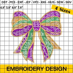 Mardi Gras Coquette Bead Bow Embroidery Design, Coquette Bow Mardi Gras Embroidery Design