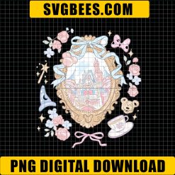 Disney Castle Frame PNG, Paris Disney PNG, Princess Bow and Flower PNG